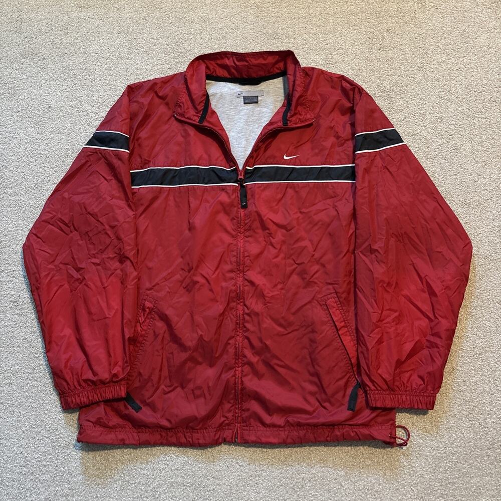 Vintage Nike Windbreaker Jacket Mens L Red Black Stripe Swoosh Y2K Full Zip